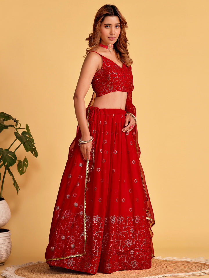 Red Georgette Embroidered Semi Stitched Lehenga Choli with Dupatta