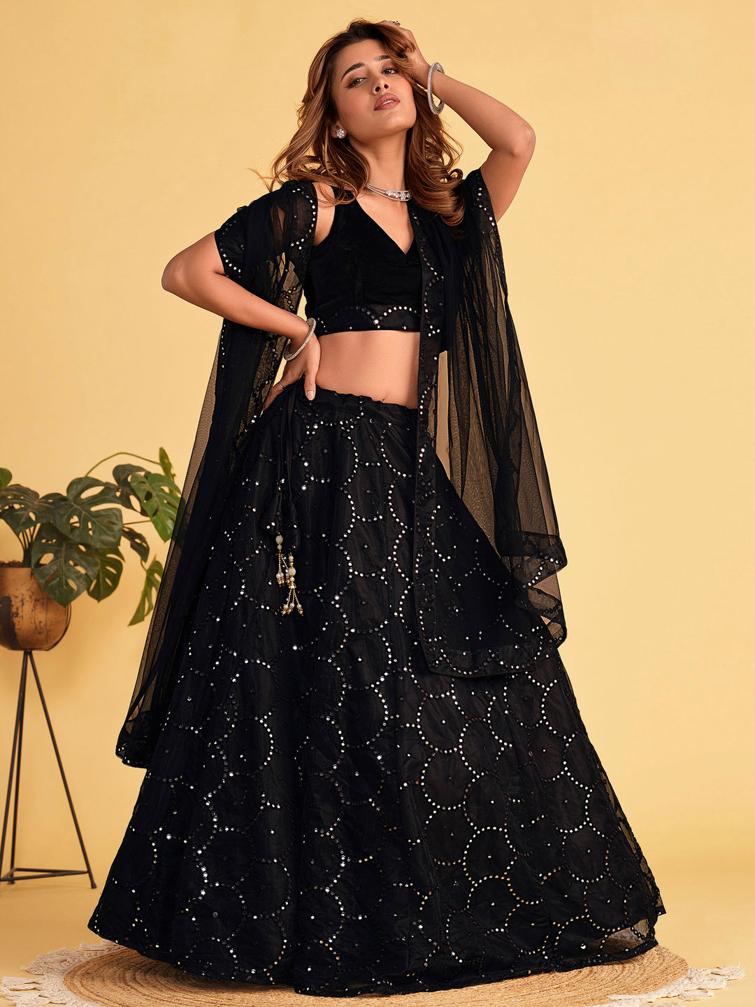 Black Georgette Embroidered Semi Stitched Lehenga Choli with Dupatta