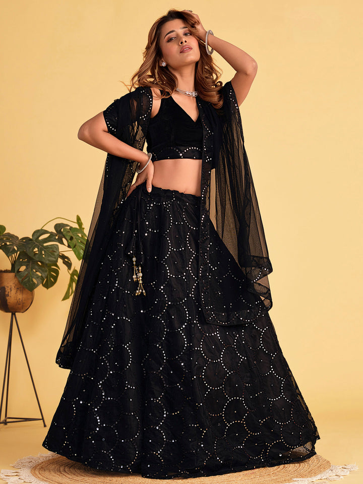 Black Georgette Embroidered Semi Stitched Lehenga Choli with Dupatta