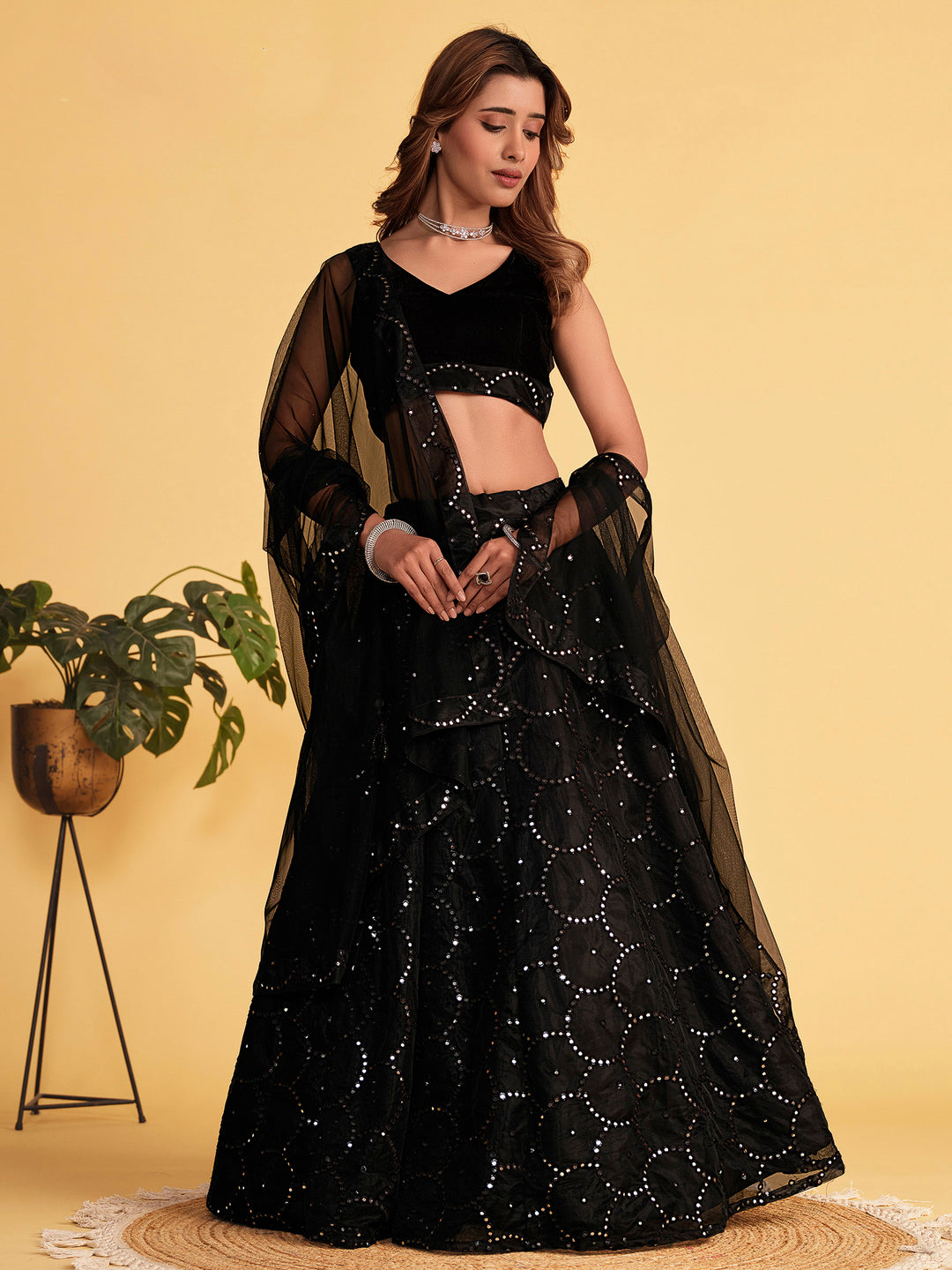 Black Georgette Embroidered Semi Stitched Lehenga Choli with Dupatta