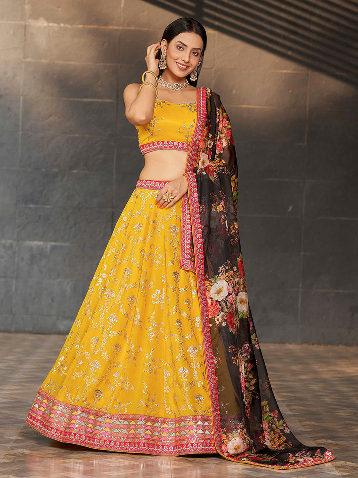Mustard Georgette Embroidered Semi Stitched Lehenga Choli with Dupatta