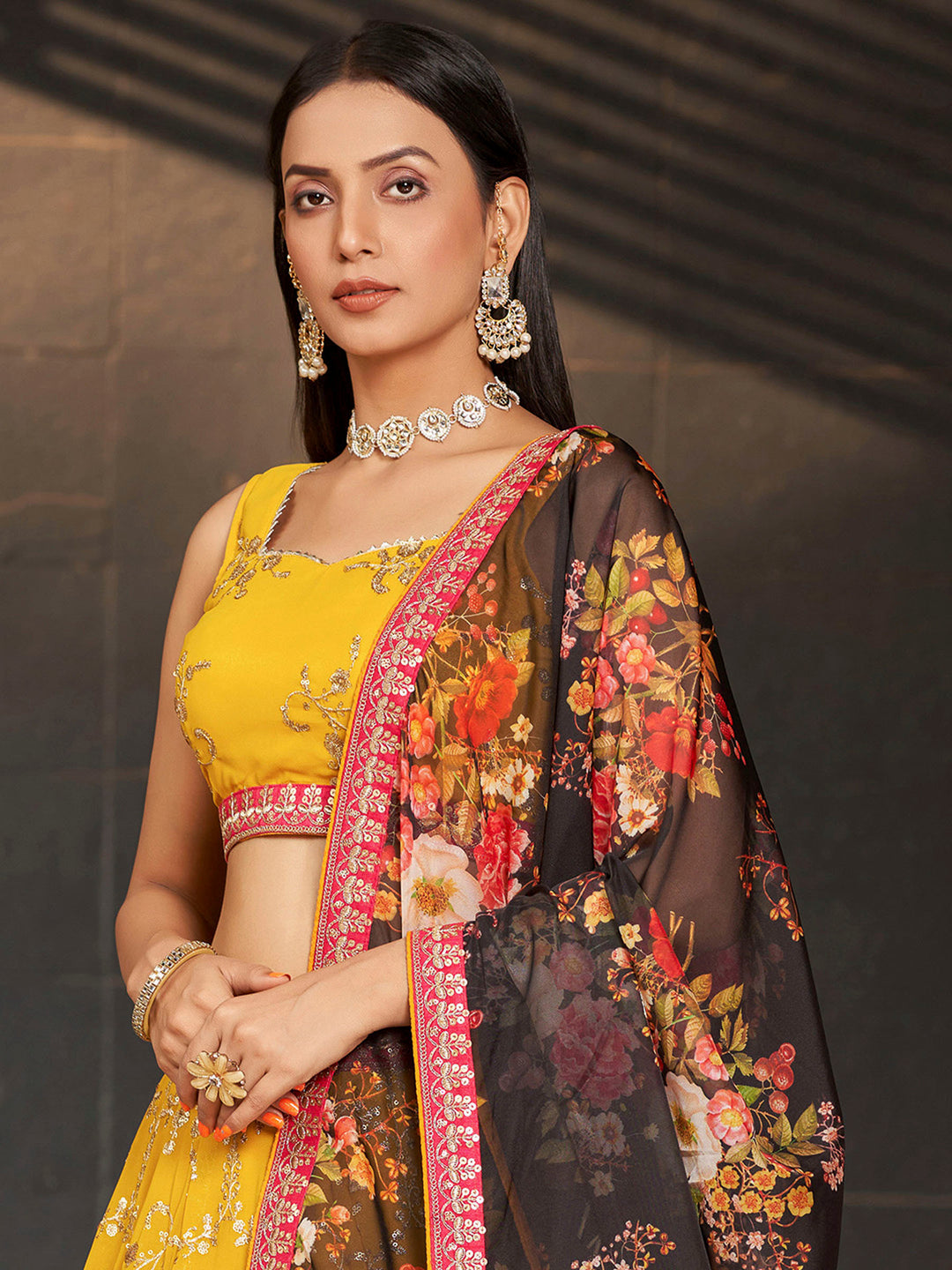 Mustard Georgette Embroidered Semi Stitched Lehenga Choli with Dupatta