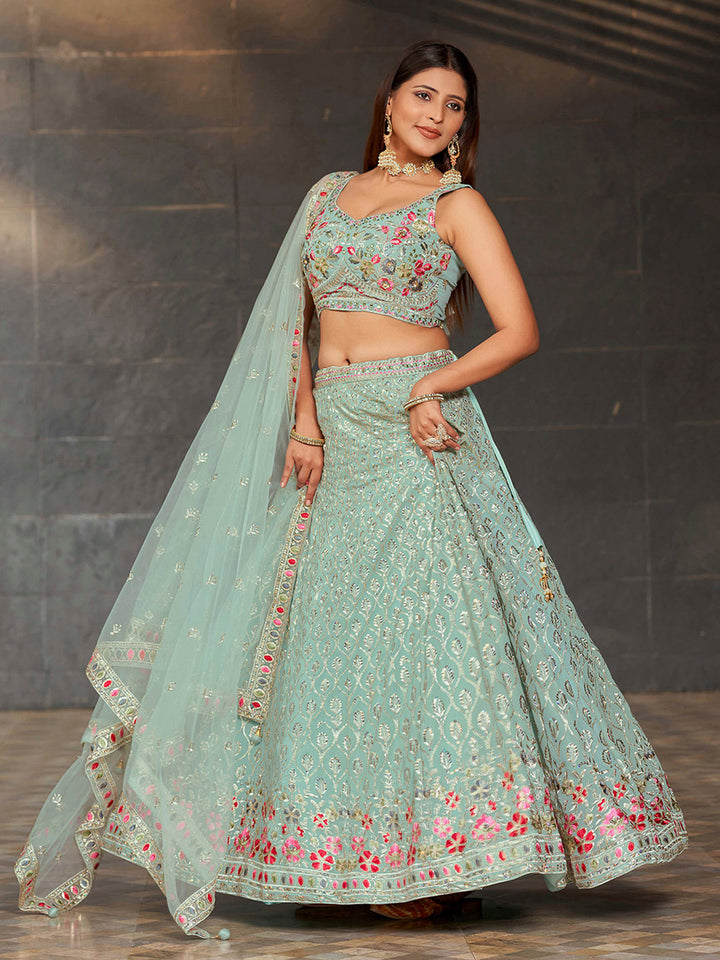 Blue Georgette Embroidered Semi Stitched Lehenga Choli with Dupatta