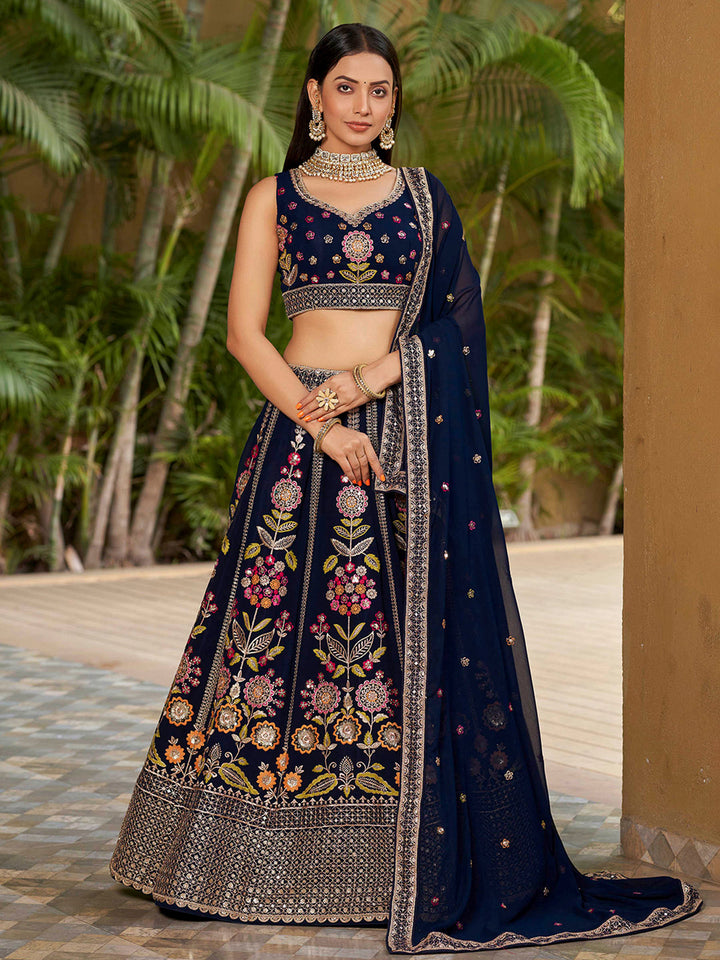 Blue Georgette Embroidered Semi Stitched Lehenga Choli with Dupatta