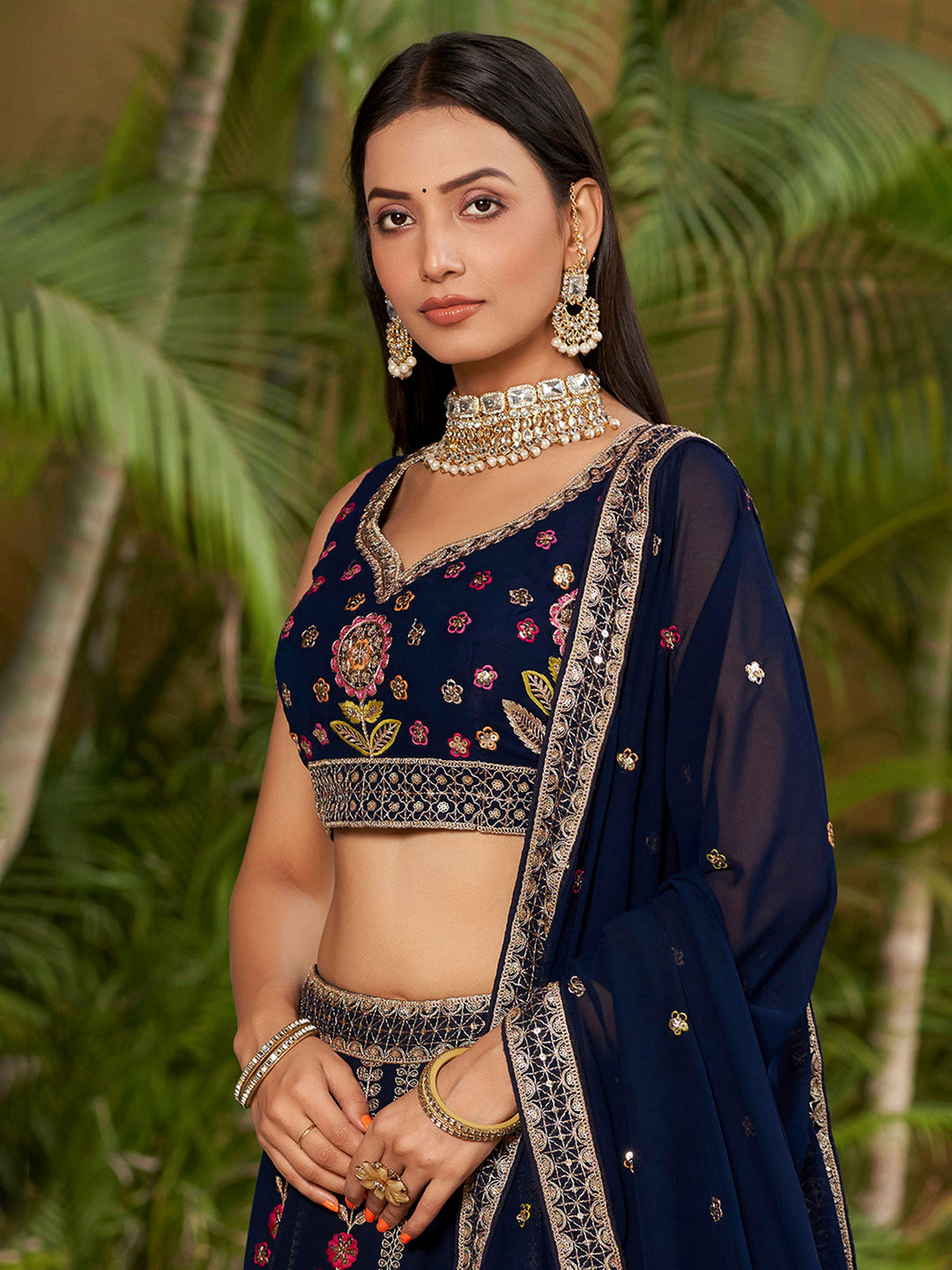 Blue Georgette Embroidered Semi Stitched Lehenga Choli with Dupatta