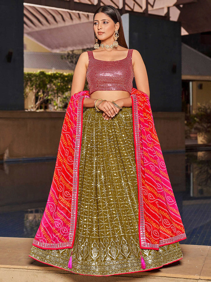 Maroon-Green Georgette Embroidered Semi Stitched Lehenga Choli with Dupatta