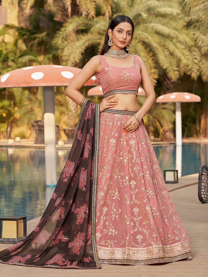 Peach Georgette Embroidered Semi Stitched Lehenga Choli with Dupatta