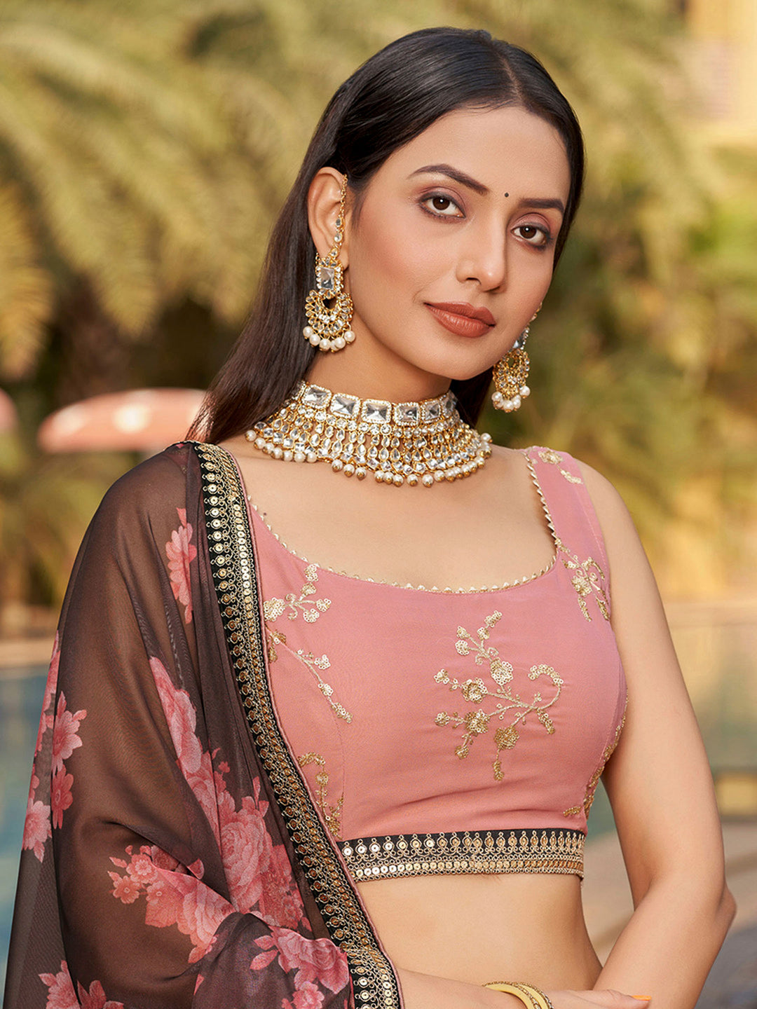 Peach Georgette Embroidered Semi Stitched Lehenga Choli with Dupatta