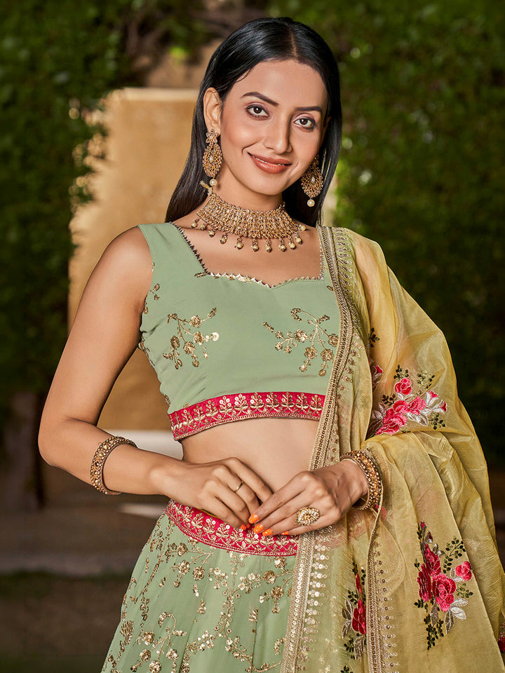 Pista Green Georgette Embroidered Semi Stitched Lehenga Choli with Dupatta