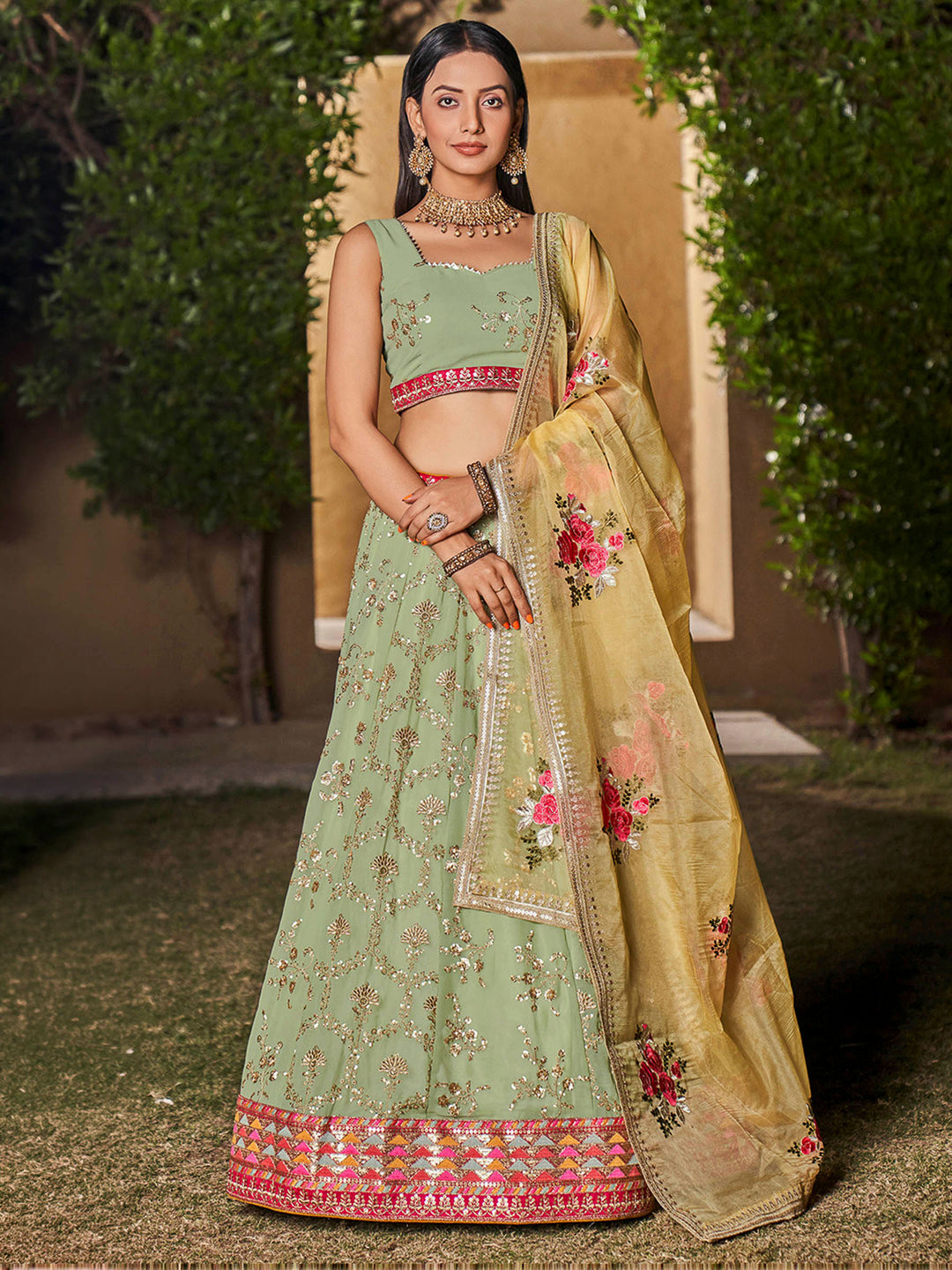 Pista Green Georgette Embroidered Semi Stitched Lehenga Choli with Dupatta