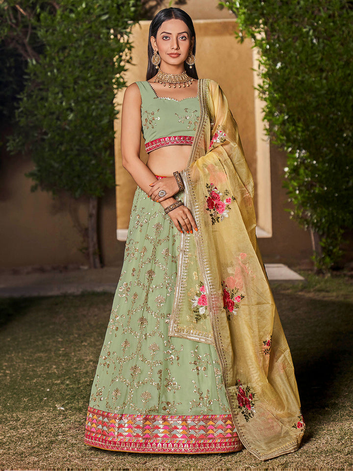 Pista Green Georgette Embroidered Semi Stitched Lehenga Choli with Dupatta