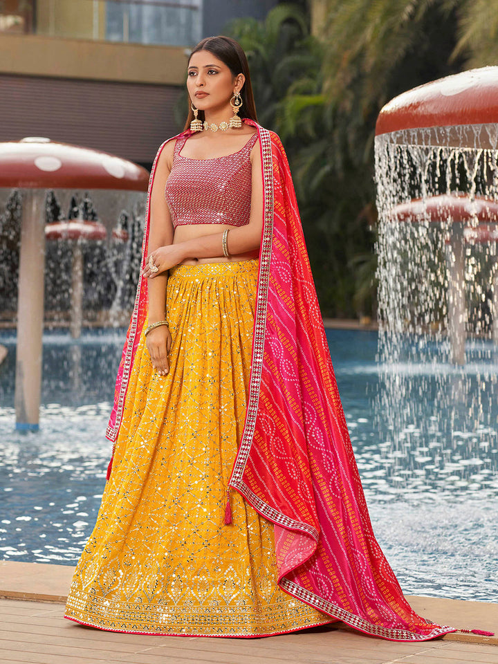 Maroon-Yellow Georgette Embroidered Semi Stitched Lehenga Choli with Dupatta