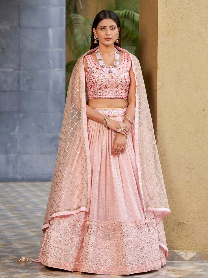 Pink Art Silk Embroidered Semi Stitched Lehenga Choli with Dupatta