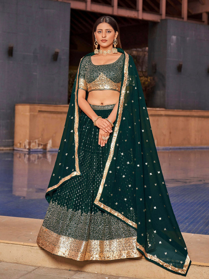 Teal Green Georgette Embroidered Semi Stitched Lehenga Choli with Dupatta