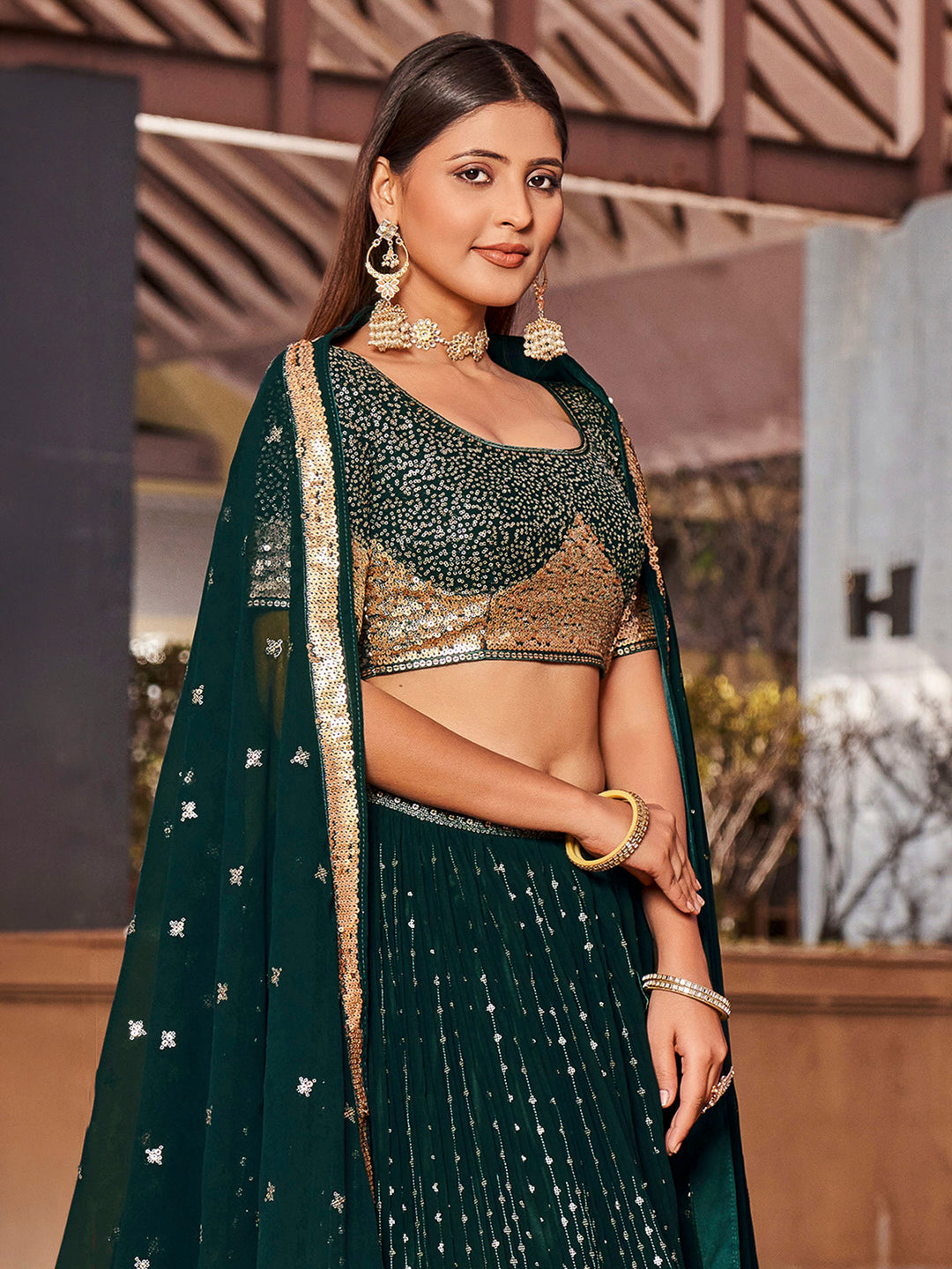 Teal Green Georgette Embroidered Semi Stitched Lehenga Choli with Dupatta