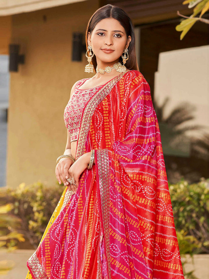 Pink-Mustard Art Silk Embroidered Semi Stitched Lehenga Choli with Dupatta