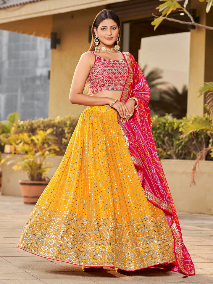 Pink-Mustard Art Silk Embroidered Semi Stitched Lehenga Choli with Dupatta