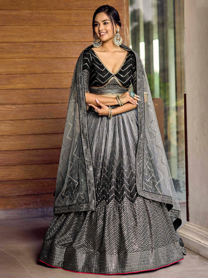 Black Chinon Embroidered Semi Stitched Lehenga Choli with Dupatta