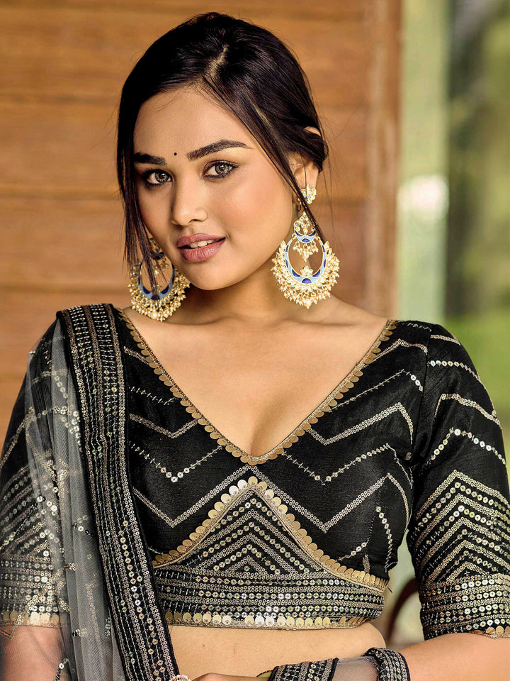Black Chinon Embroidered Semi Stitched Lehenga Choli with Dupatta