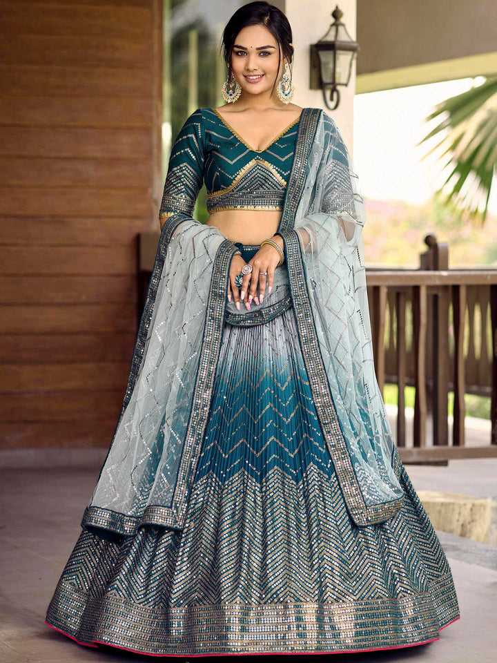 Blue Chinon Embroidered Semi Stitched Lehenga Choli with Dupatta