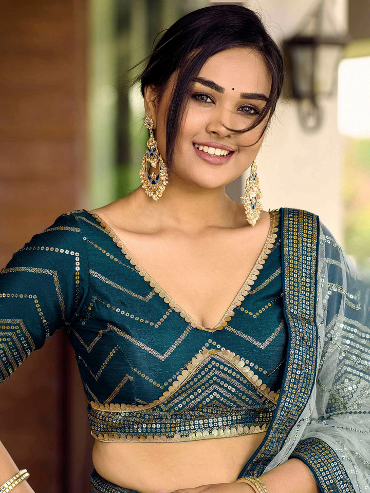 Blue Chinon Embroidered Semi Stitched Lehenga Choli with Dupatta