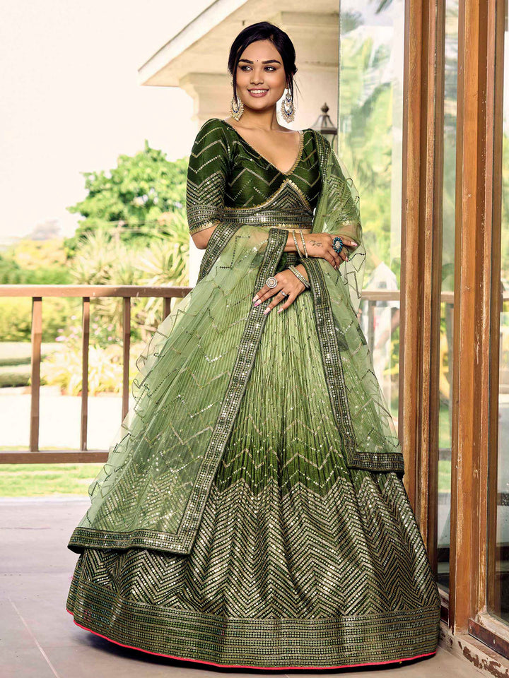 Green Chinon Embroidered Semi Stitched Lehenga Choli with Dupatta