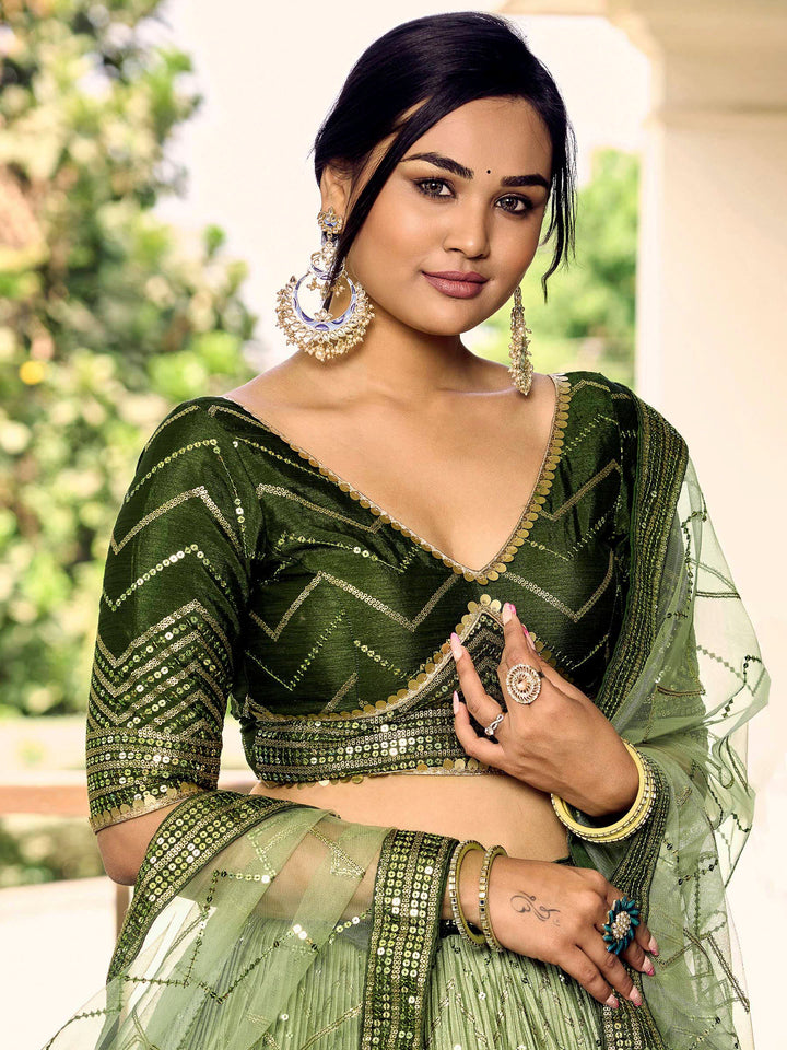 Green Chinon Embroidered Semi Stitched Lehenga Choli with Dupatta