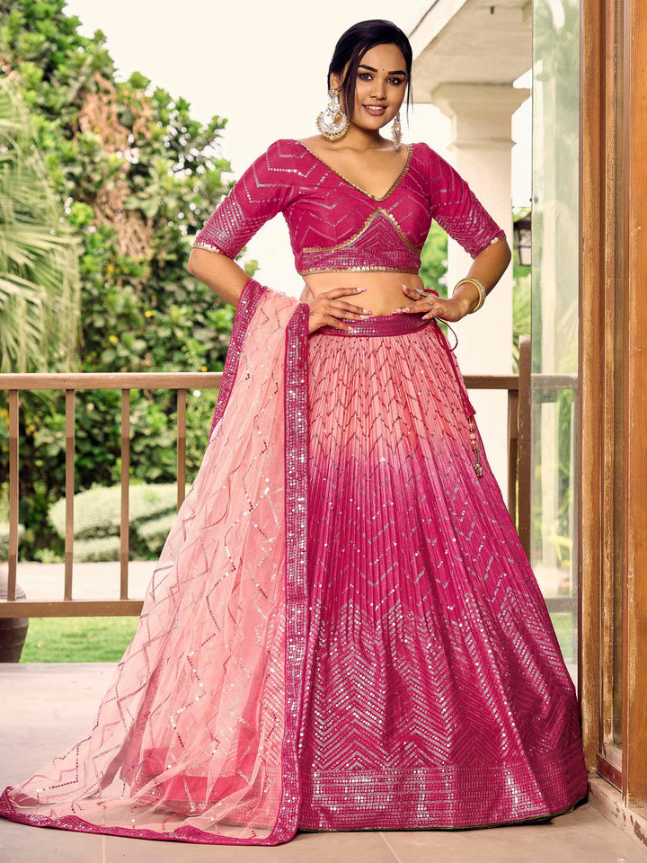 Pink Chinon Embroidered Semi Stitched Lehenga Choli with Dupatta