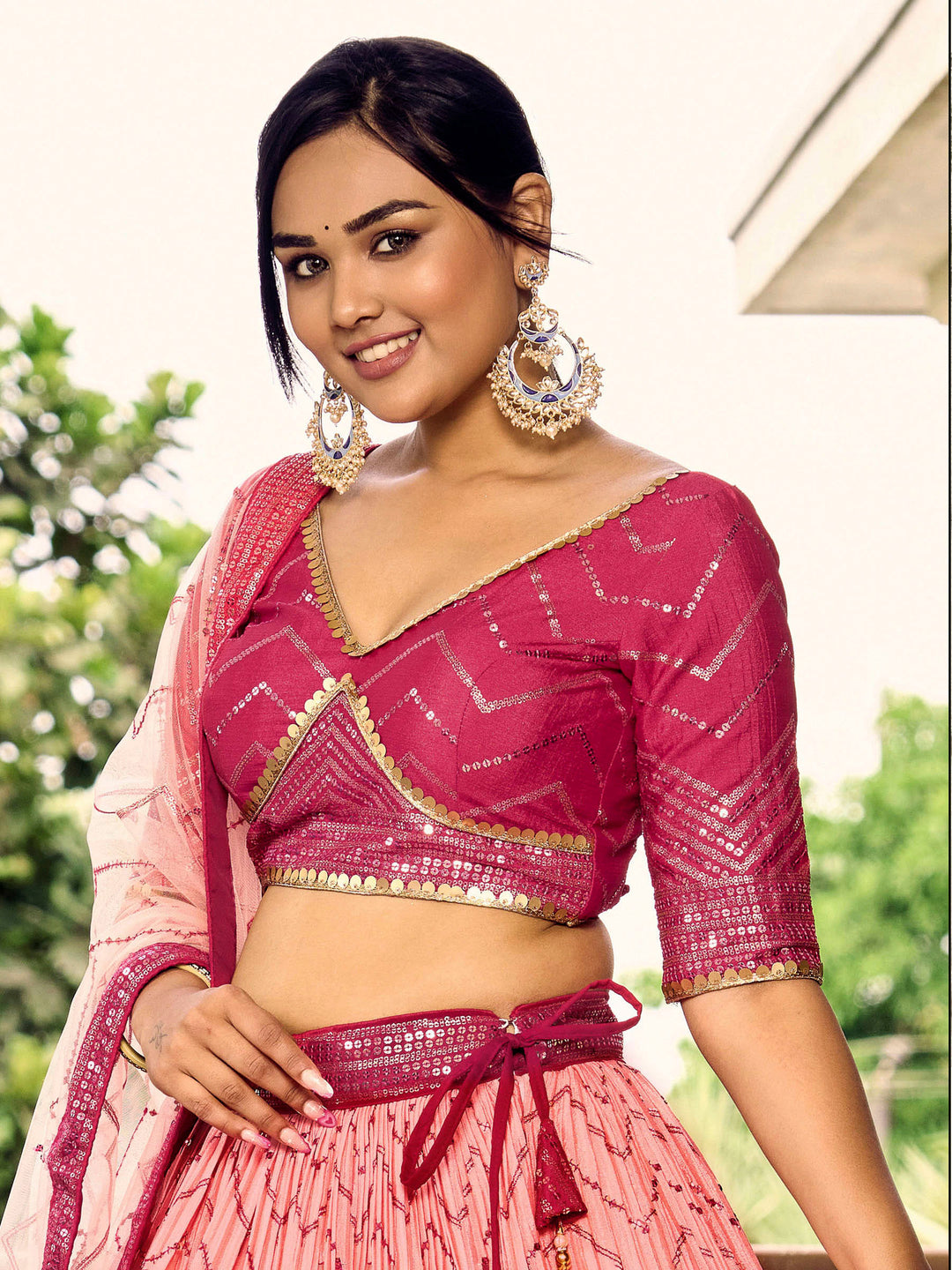 Pink Chinon Embroidered Semi Stitched Lehenga Choli with Dupatta