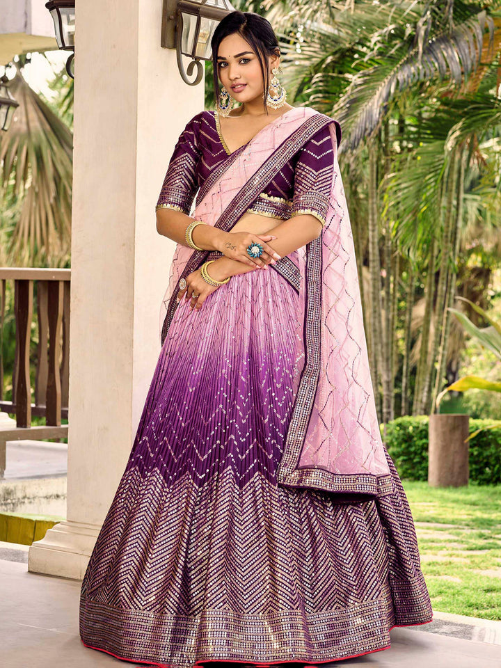 Purple Chinon Embroidered Semi Stitched Lehenga Choli with Dupatta