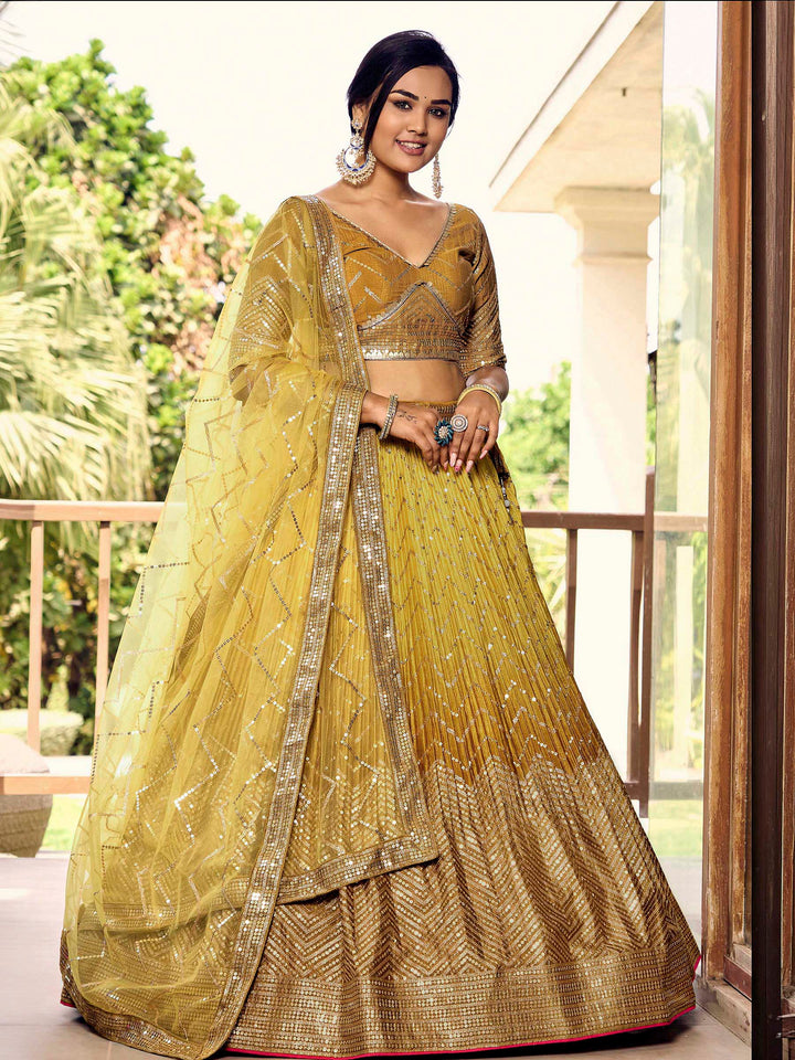 Yellow Chinon Embroidered Semi Stitched Lehenga Choli with Dupatta