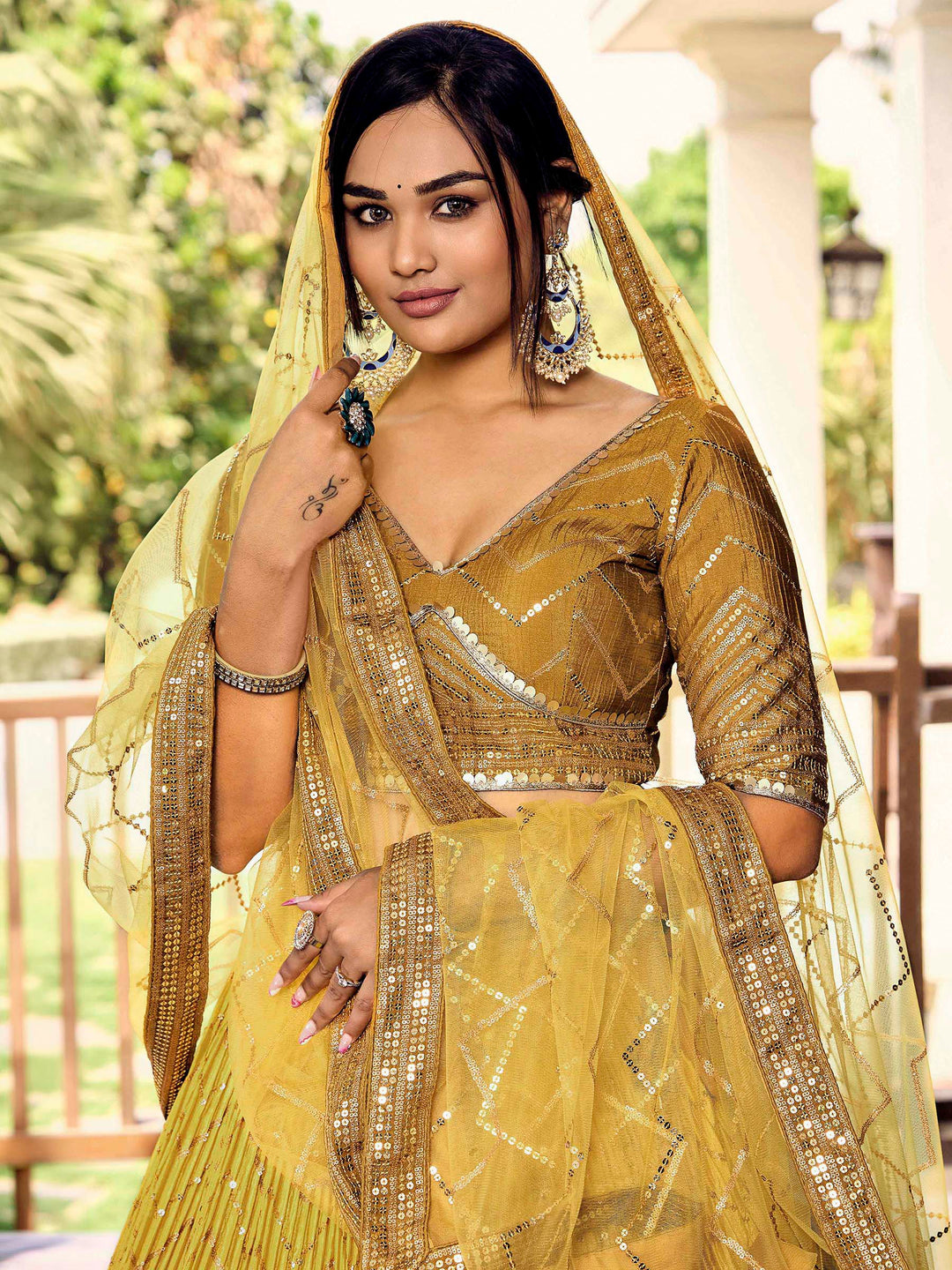 Yellow Chinon Embroidered Semi Stitched Lehenga Choli with Dupatta