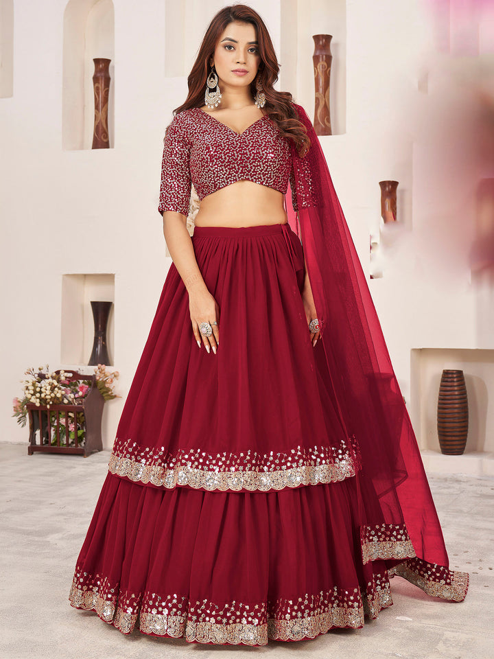 Red Georgette Embroidered Semi Stitched Lehenga Choli with Dupatta