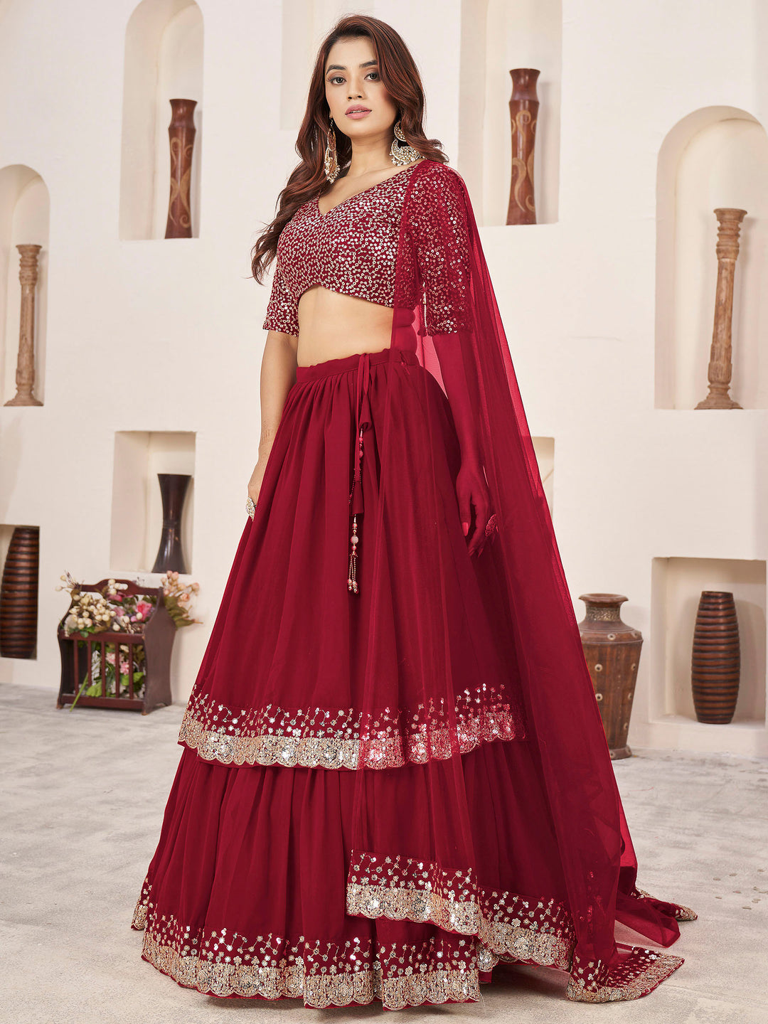 Red Georgette Embroidered Semi Stitched Lehenga Choli with Dupatta