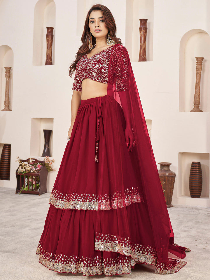 Red Georgette Embroidered Semi Stitched Lehenga Choli with Dupatta