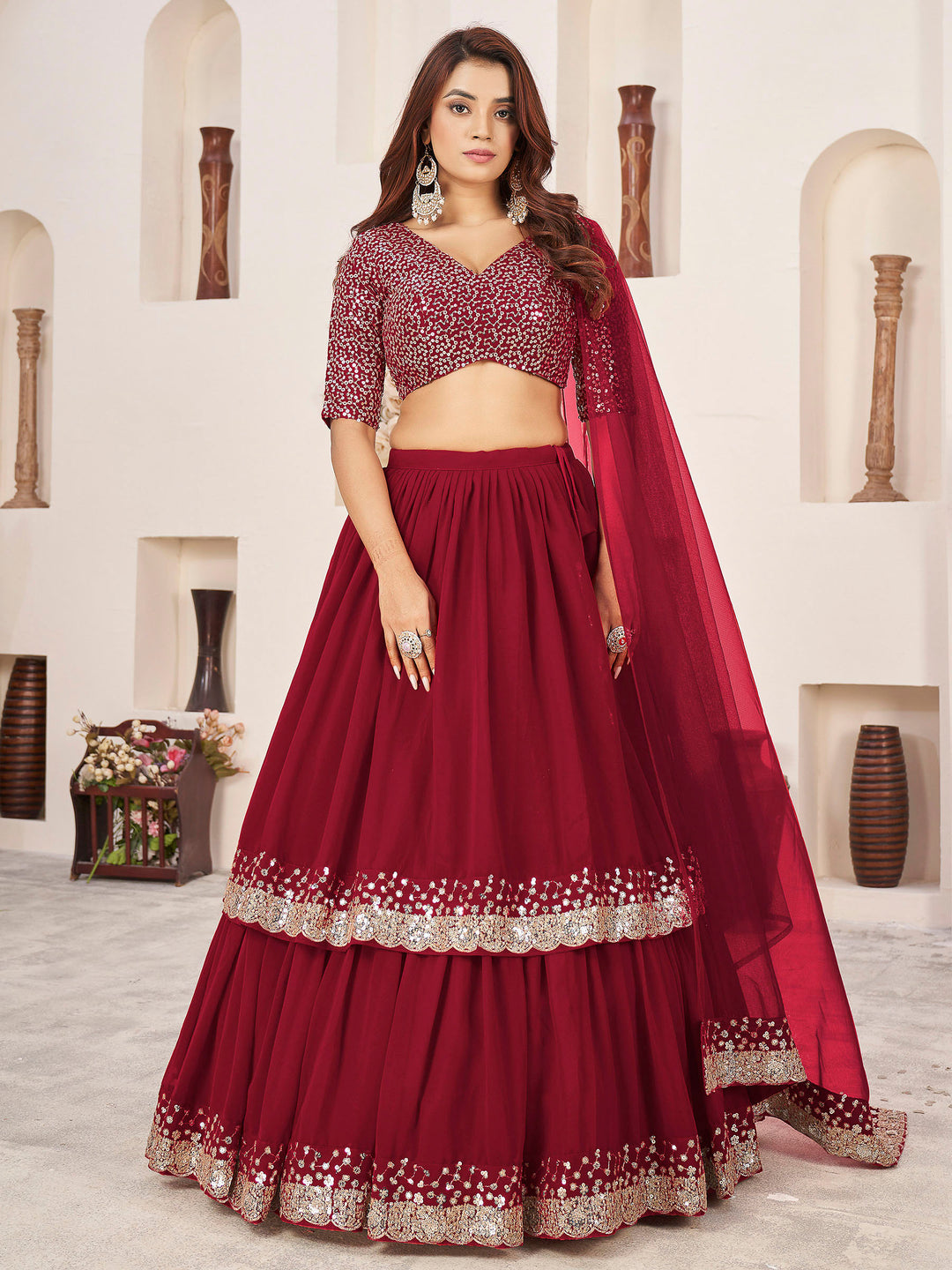 Red Georgette Embroidered Semi Stitched Lehenga Choli with Dupatta