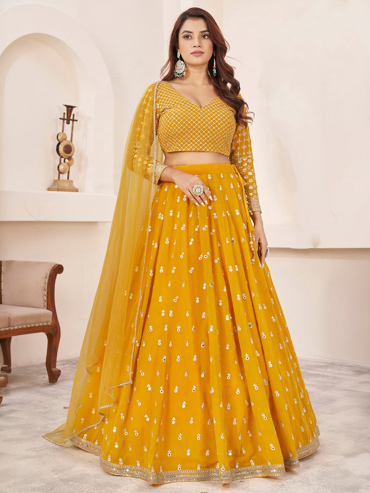 Yellow Georgette Embroidered Semi Stitched Lehenga Choli with Dupatta