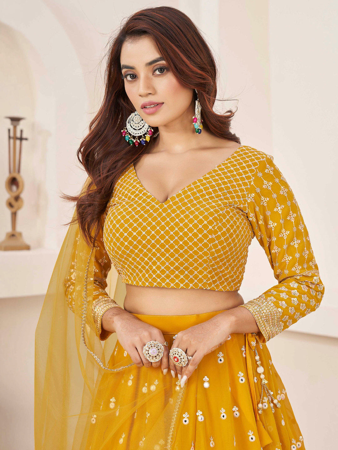 Yellow Georgette Embroidered Semi Stitched Lehenga Choli with Dupatta