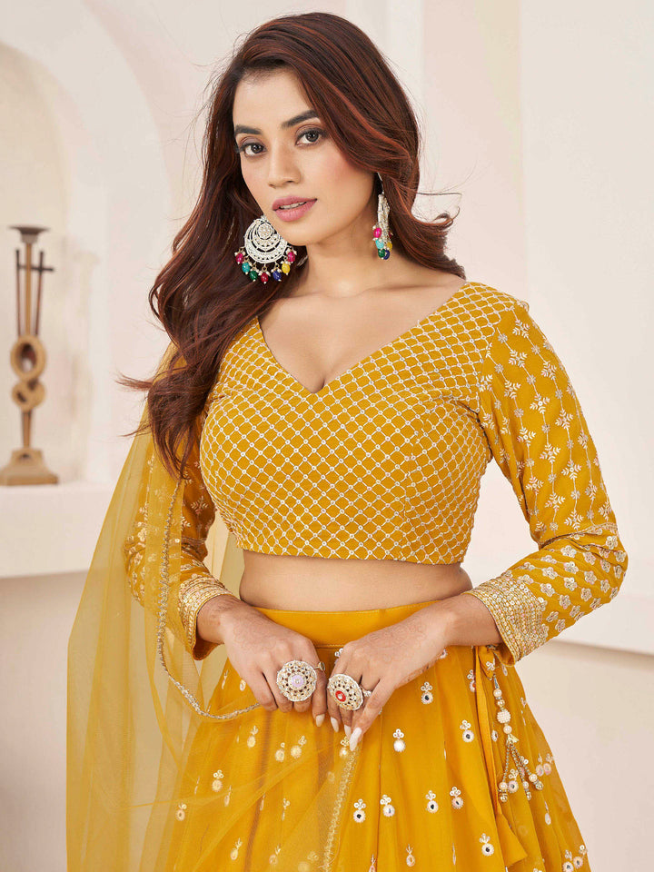 Yellow Georgette Embroidered Semi Stitched Lehenga Choli with Dupatta