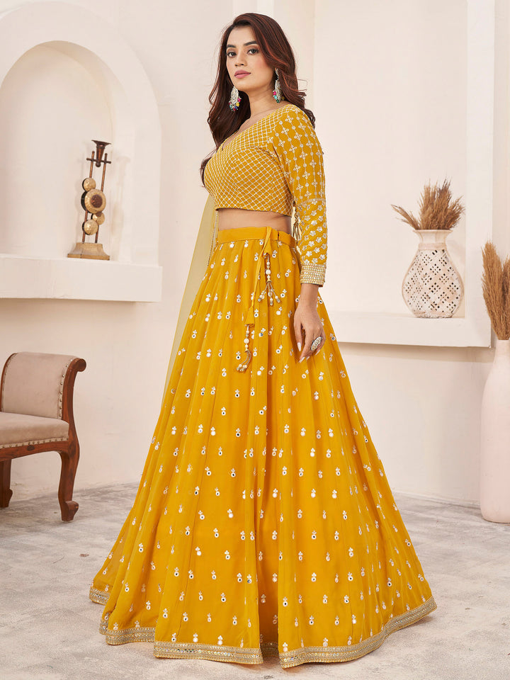 Yellow Georgette Embroidered Semi Stitched Lehenga Choli with Dupatta