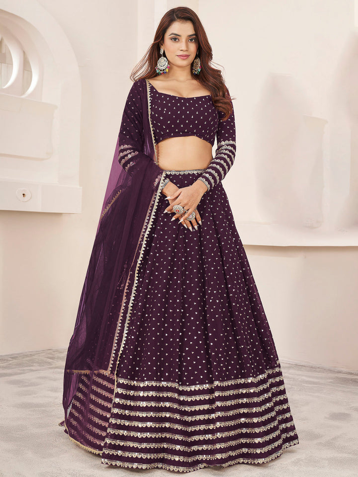 Wine Georgette Embroidered Semi Stitched Lehenga Choli with Dupatta