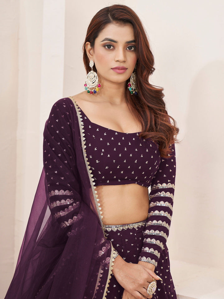 Wine Georgette Embroidered Semi Stitched Lehenga Choli with Dupatta