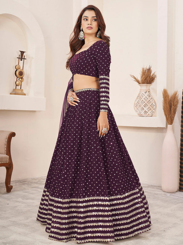Wine Georgette Embroidered Semi Stitched Lehenga Choli with Dupatta