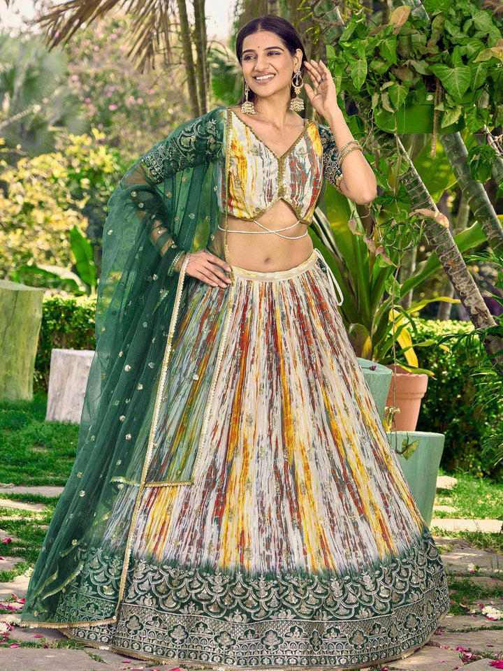 Green Chinon Embroidered Semi Stitched Lehenga Choli with Dupatta