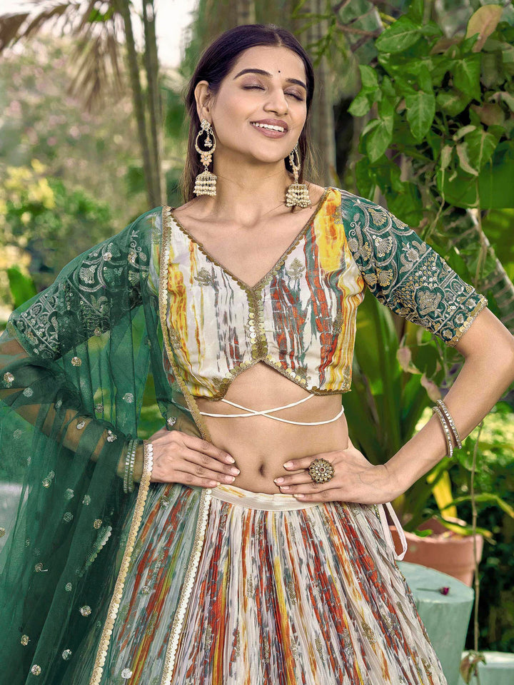 Green Chinon Embroidered Semi Stitched Lehenga Choli with Dupatta