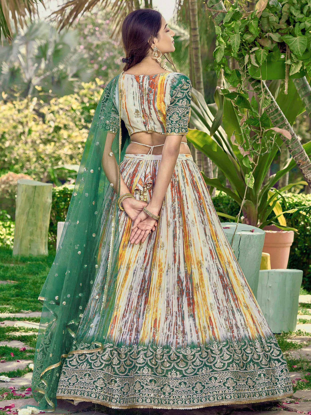 Green Chinon Embroidered Semi Stitched Lehenga Choli with Dupatta