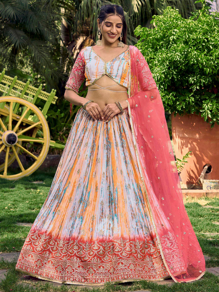 Pink Chinon Embroidered Semi Stitched Lehenga Choli with Dupatta