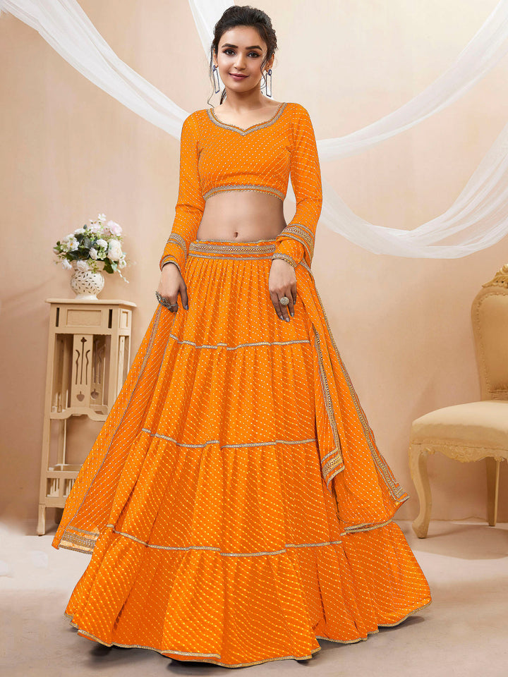 Mustard Georgette Embroidered Semi Stitched Lehenga Choli with Dupatta
