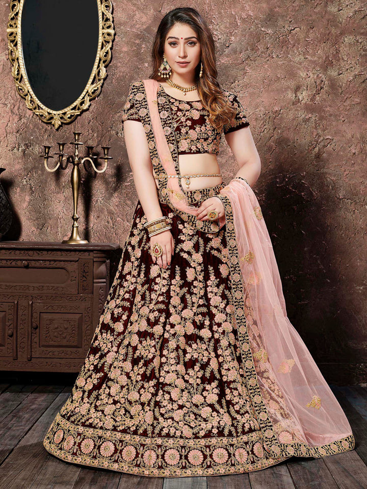 Maroon-Pink Velvet Embroidered Semi Stitched Lehenga Choli with Dupatta