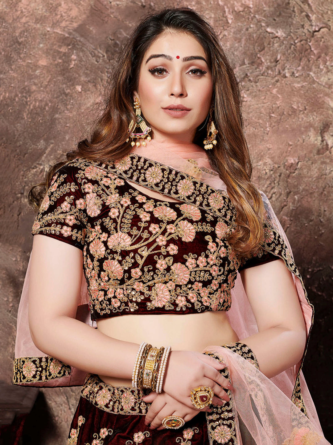 Maroon-Pink Velvet Embroidered Semi Stitched Lehenga Choli with Dupatta